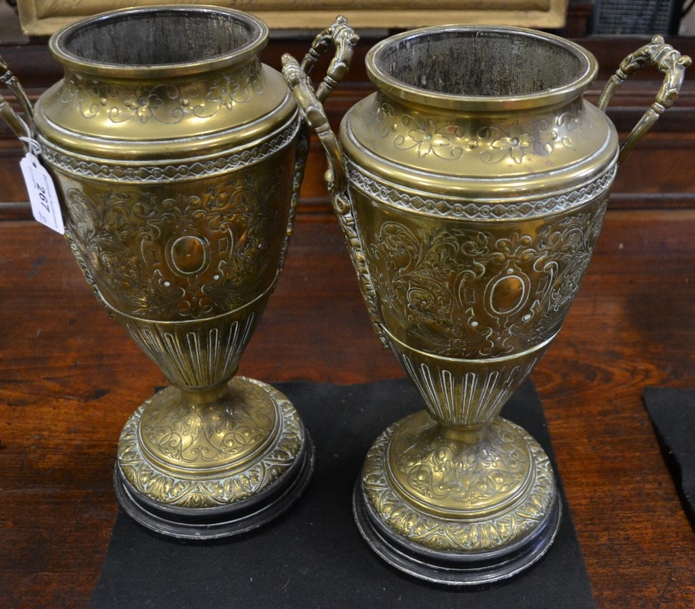 A pair of 19th century continental brass two handled urnular oil lamp bases,