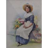 H Travers (early 20th century) The Flower Girl, seated by her barrow signed, watercolour,
