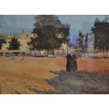 Michael Crawley The Village Square signed, titled to verso, watercolour,