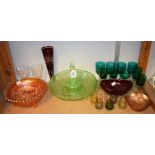 Glassware - an Art Deco green glass table centre, central frosted glass figure of a maiden; others,