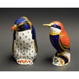 A Royal Crown Derby paperweight, Rockhopper Penguin, gold stopper, boxed; another, Bee-eater,