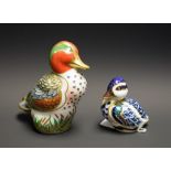 A Royal Crown Derby paperweight, Green Winged Teal, gold stopper, boxed; another, Sitting Duckling,
