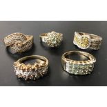 Rings - a diamond and yellow stone pave cluster ring, others multi stone including topaz, peridot,