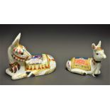 A Royal Crown Derby paperweight, Donkey, gold stopper, boxed; another, Donkey Foal, gold stopper,