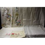 Textiles - Irish linen embroidered top sheet and bolster cases,