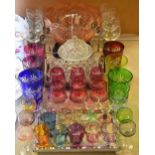 Glassware - etched and coloured tumblers; 1930's bowl;