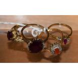 Rings - a ruby and diamond accented cluster ring; others, similar, ruby, orange stone etc,