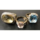 Rings - a large yellow quartz diamond accented cluster ring; others, topaz,