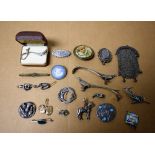 Jewellery - a silver and enamel brooch; silver charms; a Wedgwood brooch; gold coloured cufflink;