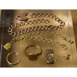 Jewellery - a 9ct gold signet ring; another wedding band; rose metal part Albert chain, buckle,