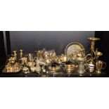 Plated Ware - a 19th century teapot; an egg cup stand; a sugar scuttle; a four branch epergne;