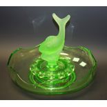 An Art Deco green glass table centre, central frosted glass fish, c.1930, approx.