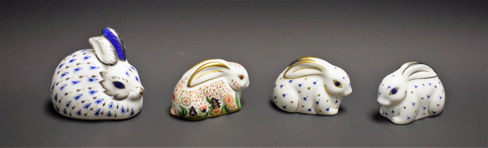 Royal Crown Derby paperweights, 25th Anniversary Rabbits, gold stoppers, certificate,