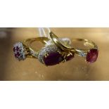 Rings - a diamond and ruby cluster ring, 18ct gold shank, 4.8g gross; another 14ct gold, 3.