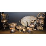 Plated Ware - a four piece tea and coffee set; oval gallery tray; kettle on stand;