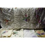 Textiles - hand embroidered tablecloths including English Country Garden Flowers, Crinoline Lady,
