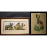 A needlepoint study of a group of baby rabbits,