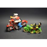 A novelty cast metal model, Mickey Mouse on a motorcycle; another,