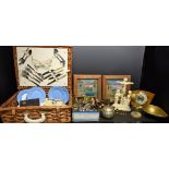 Boxes and Objects - a set of Brasco kitchen scales with brass bell weights; miniature pewter gnomes;