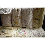 Textiles - hand embroidered tablecloths including English Country Garden Flowers, Crinoline Lady,