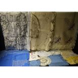 Textiles - embroidered table cloths; napkins; lace edged linen;