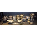 Silver Plate - a three piece tea service, sauce boat,