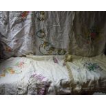 Textiles - hand embroidered linen tablecloths including English Country Garden Flowers