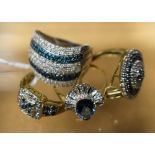 Rings - a diamond and blue stone cluster ring; others, similar, each 9ct gold shank, 20.