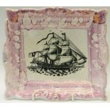 A 19th century Sunderland lustre rectangular plaque, transfer printed with a ship, pink border, 21.