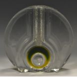 An Art Glass clear glass flattened circular vase, with green and yellow bulls eye 13.