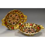 Two Royal Crown Derby 1128 pattern twin handled sweetmeat dishes, all gold borders, 15.