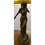 A bronzed metal figure, of a naked female holding her hand to her face,