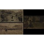 Stanley Berkley, a pair, etchings, pigs falling, another, chased by the wheel; another similar,