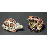 A Royal Crown Derby paperweight, Imari Frog, gold stopper, boxed; another, Tortoise,