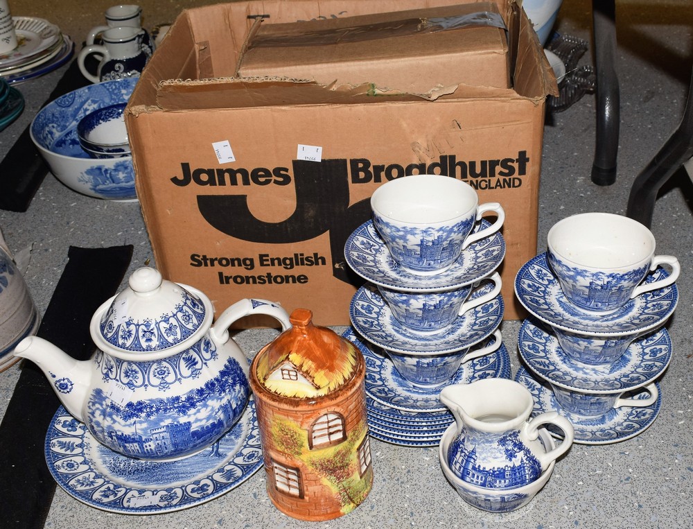 A Broadhurst Ironstone Silver Jubilee blue and white tea service, featuring Royal palaces,