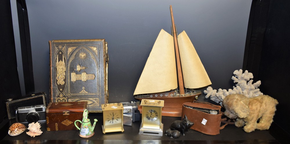 Boxes and Objects - a mid 20th century table lamp modelled as a yacht; a Victorian family bible;