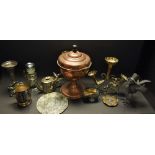 Metalware - a copper samovar; an Aesthetic Movement EPBM three piece tea service;