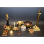Metalware - a 19th century pestle and mortar; a brass Corinthian column table lamp; another,