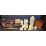 Boxes and Objects - an onyx eight piece desk suite; assorted tools; tins; an Ethophone Jnr box;