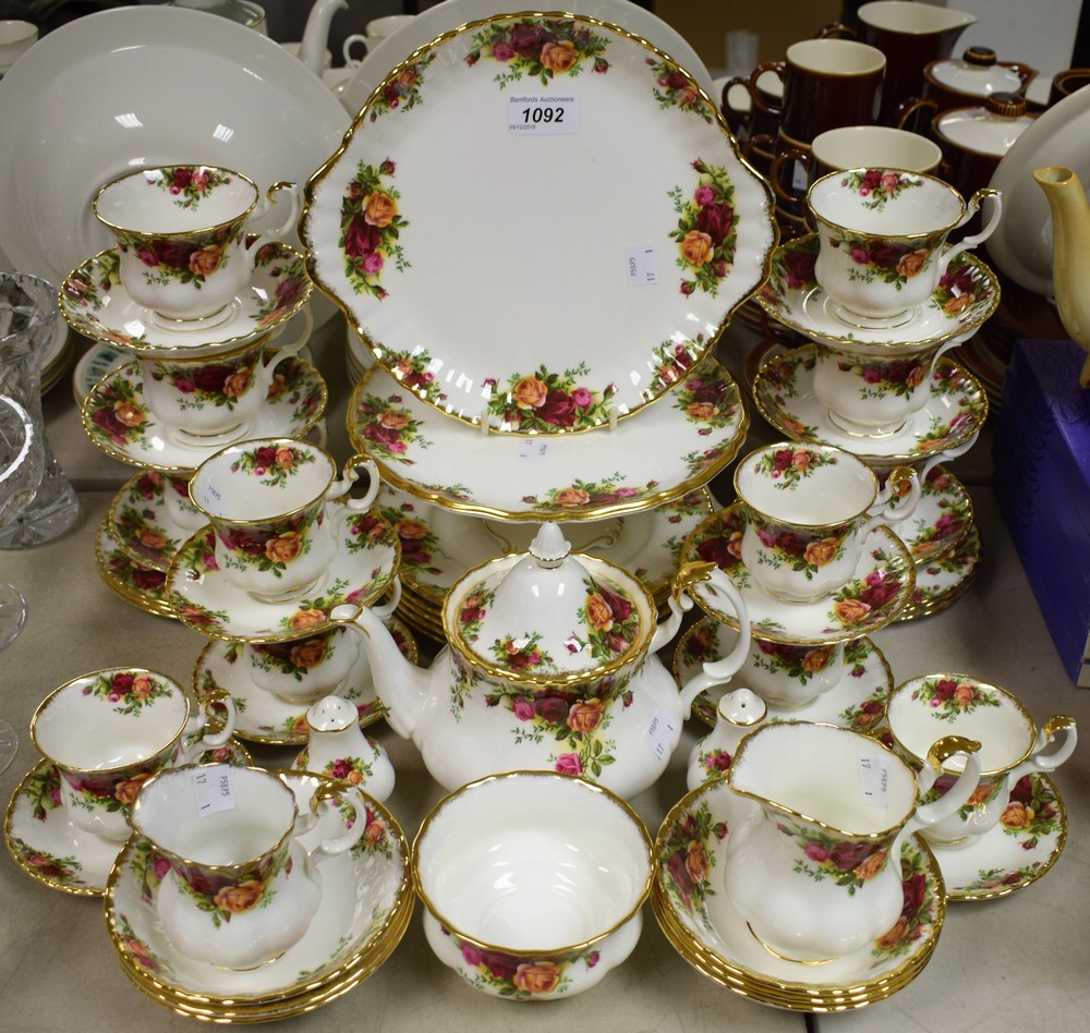 A Royal Albert Old Country Roses pattern tea service, including tea pot, milk jug, sugar bowl, cups,