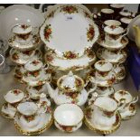 A Royal Albert Old Country Roses pattern tea service, including tea pot, milk jug, sugar bowl, cups,