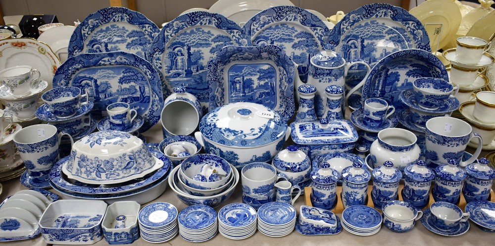 A comprehensive Spode blue and white service, Spode's Italian, salt pig, spice jars,