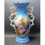 Ceramics - a large Sevres style twin handled vase, romantic courting couple scene, turquoise ground,