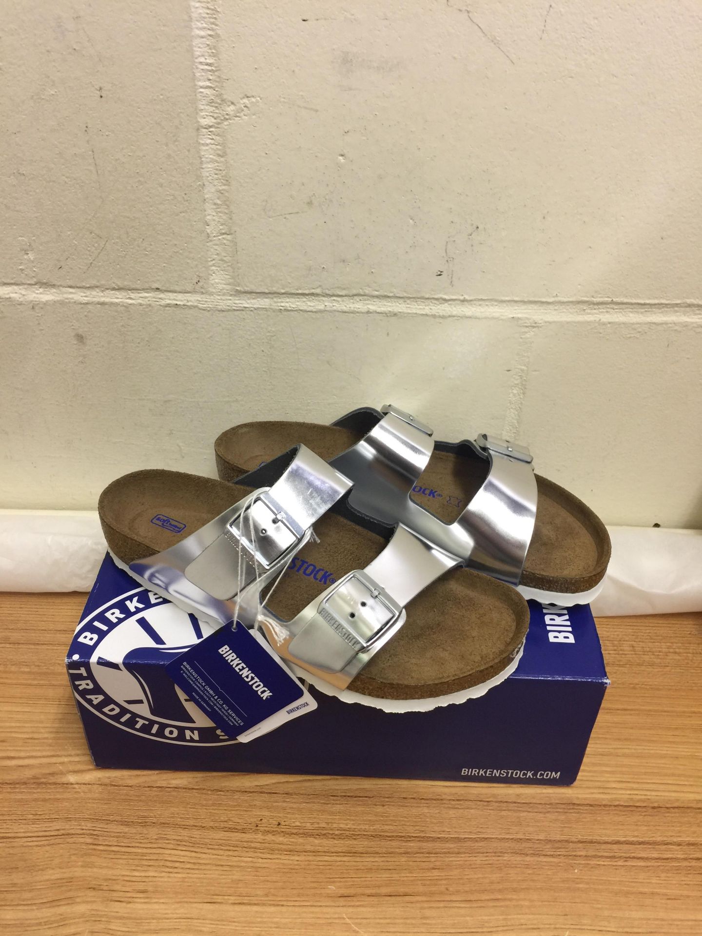 Birkenstock Women's Arizona Leder Softfootbed Mules Silver 7 UK RRP £74.99