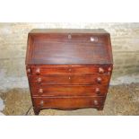 George III period mahogany bureau with burr / maple interior