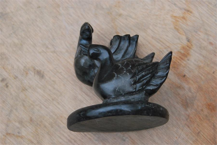 Two carved black stone animals - a buffalo, a pair of birds - Image 8 of 10