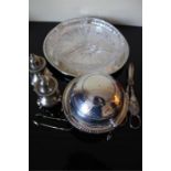 Silver plated items to include a hammered butter dish of sphere form with hinged lid and glass
