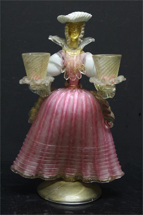 Murano glass venetian style figurine candle holder, ruby and opaque. 25cm high, the base has been