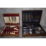Silver plate and other metals cutlery and oak canteen cases, some walker and hall some mapping webb.
