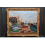 Patrick Edward Joll. (20th century British) ' Boats ' Oil on canvas. Bearing signature lower right
